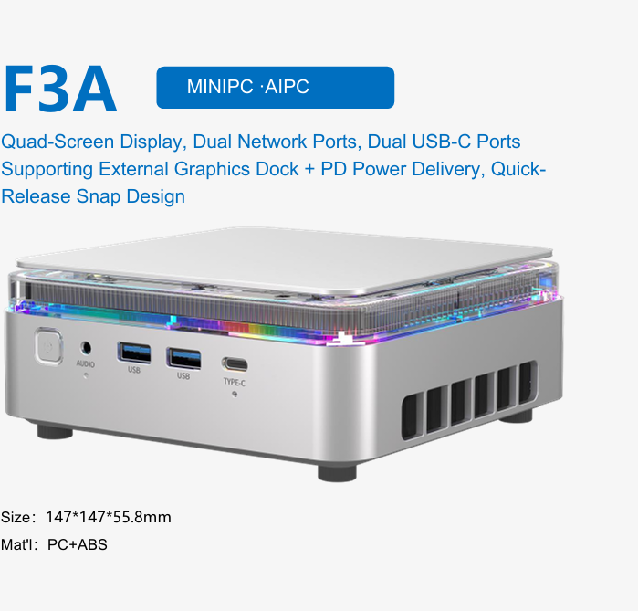 F3A AI Agent Mini PC, Quad-Screen Display, Dual 2.5G Ethernet, Dual USB-C Ports, Quick Release Snap Design, Expandable Graphics Dock & PD Power Delivery, Multi-Gen Intel & AMD AI CPU Compatible, Windows 11 & Linux Mini Desktop Computer