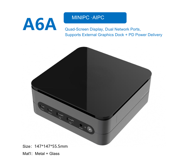 A6A AI Agent Mini PC, Metal & Glass Chassis, Quad-Screen Display, Dual 2.5G Ethernet Ports, Expandable Graphics Dock & USB-C PD Power Delivery, Multi-Gen Intel & AMD AI CPU Supported, Windows 11/Linux Mini Desktop Computer