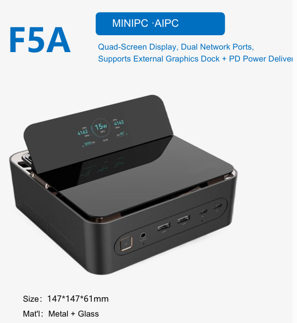 F5A AI MINI PC, Metal & Glass Chassis, Quad-Screen Display, Dual 2.5G Ethernet Ports, Expandable Graphics Dock & PD Power Delivery, Intel Meteor Lake/Arrow Lake & AMD Ryzen AI Compatible, Windows 11/Linux Mini Desktop Computer