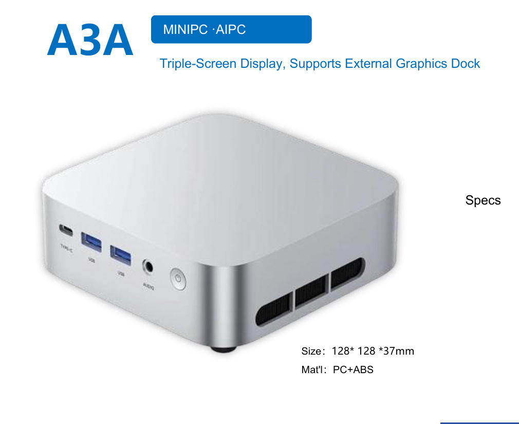 A3A AI Mini PC, Intel Meteor Lake/Arrow Lake & AMD Ryzen AI Processors, Up to 64GB DDR4/DDR5, 4TB M.2 NVMe SSD, Triple-Screen Display, External Graphics Dock, 2.5G RJ45, Windows11/Linux