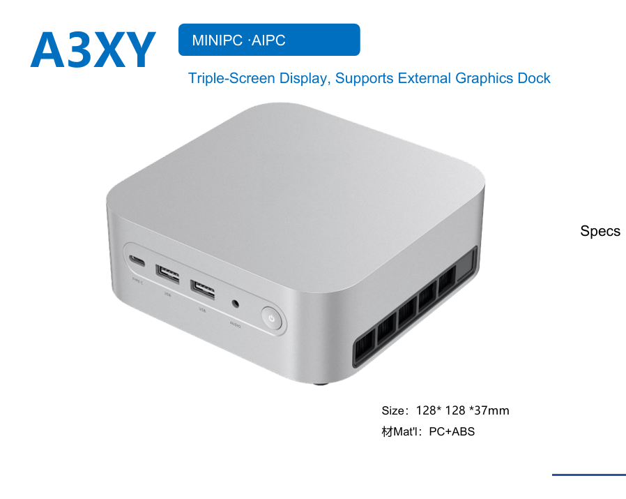 A3LS AI Mini PC, Intel Meteor Lake/Arrow Lake & AMD Ryzen AI Processor, Triple-Screen Display, External Graphics Dock, Up to 64GB DDR4/DDR5 RAM, 4TB M.2 NVMe SSD, 2.5G Ethernet, Windows 11/Linux Compact Mini Computer