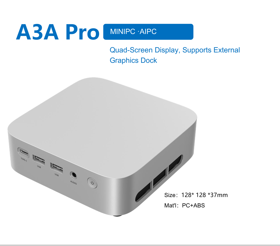 A3A Pro AI Mini PC, Multi-Generation Intel & AMD Ryzen AI Processor Supported, Quad-Screen Display & External Graphics Dock, Up to 64GB DDR4/DDR5 RAM, 4TB M.2 NVMe SSD, Dual 2.5G Ethernet Ports, Windows11/Linux Industrial Mini Computer