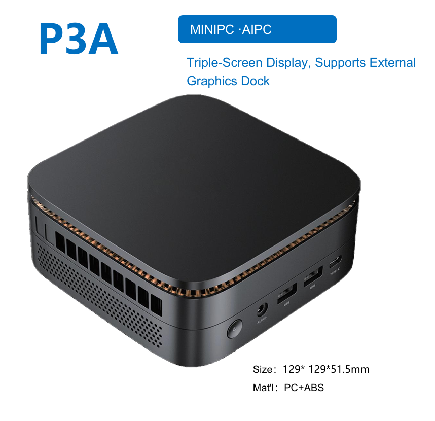 P3A AI Mini PC, Intel Meteor Lake/Arrow Lake & AMD Ryzen AI Processor, Triple-Screen Display, External Graphics Dock, Up to 64GB DDR4/DDR5/LPDDR5 RAM, 4TB M.2 NVMe SSD, 2.5G Ethernet, Windows 11/Linux Compact Desktop Mini Computer