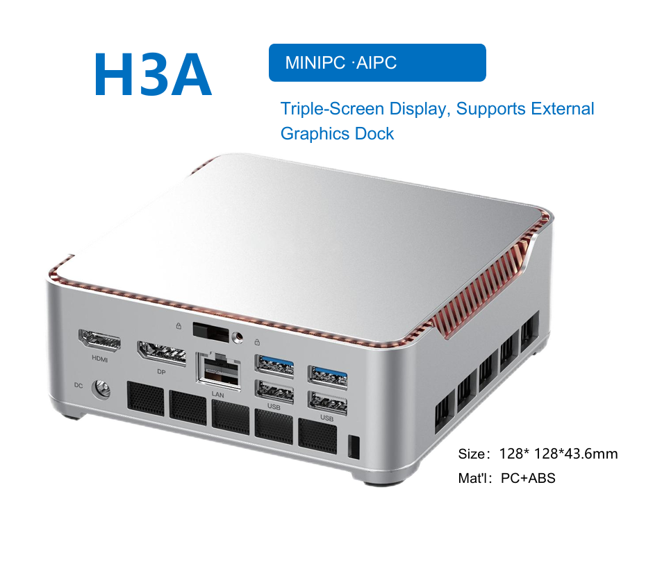 H3A AI Mini PC, Intel Meteor Lake/Arrow Lake & AMD Ryzen AI Processor, Triple-Screen Display, External Graphics Dock, Up to 64GB DDR4/DDR5/LPDDR5 RAM, 4TB M.2 NVMe SSD, 2.5G Ethernet, Windows 11/Linux Ultra Compact Mini Desktop