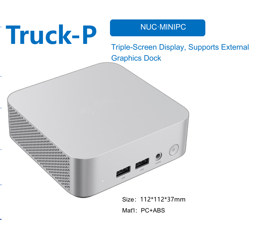 Truck-P NUC Mini PC, 12th/13th/14th Gen Intel Core H/HX CPU, Triple-Screen Display, External Graphics Dock, Up to 64GB DDR5 RAM, 2TB Dual NVMe SSD, Multi-Size Compact Chassis, 2.5G Ethernet, Windows 11/Linux Mini Desktop Computer